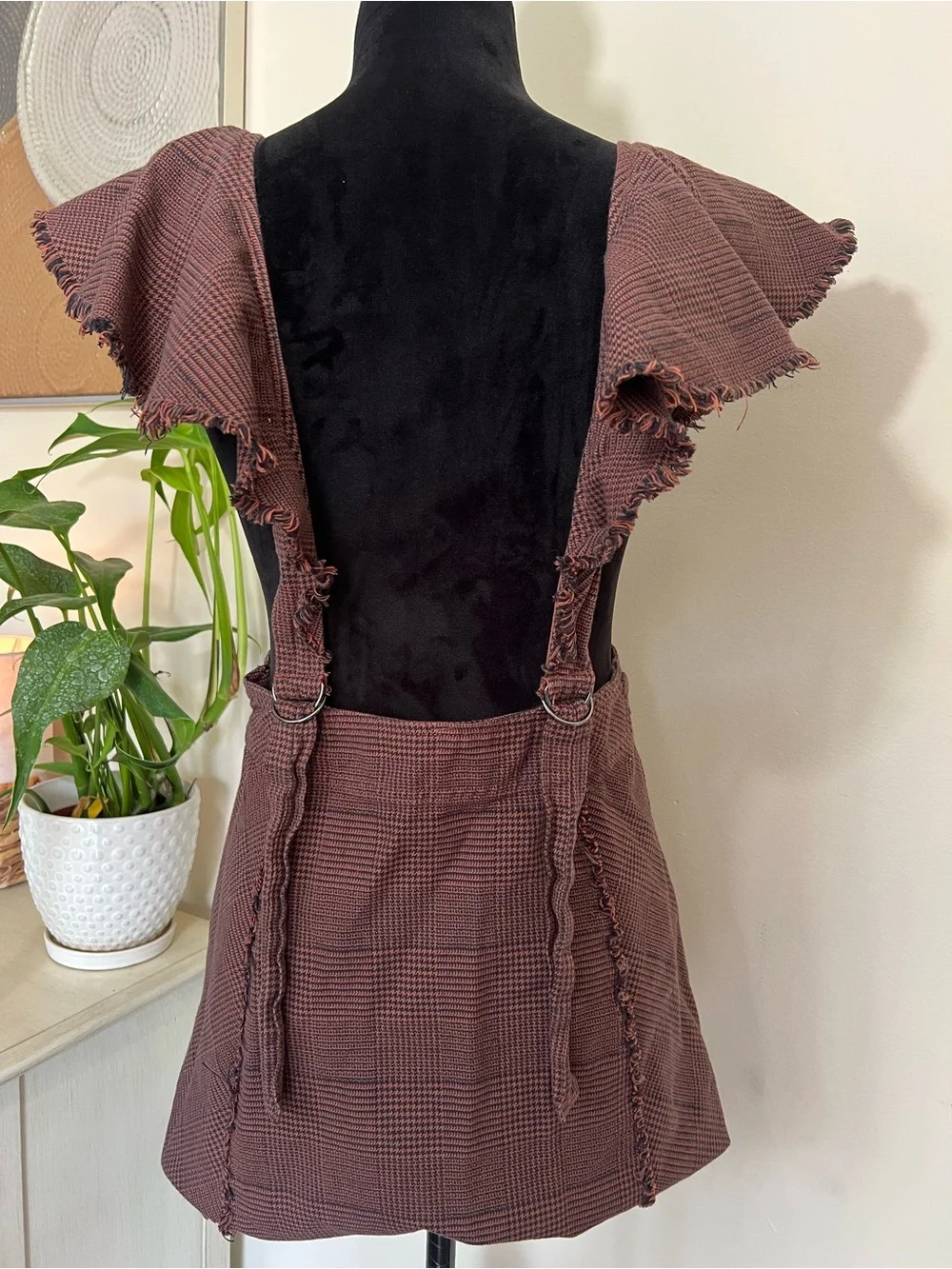 Free People Rowan Plaid Pinafore Skirt Ruffle Strap Houndstooth Mini Size 10